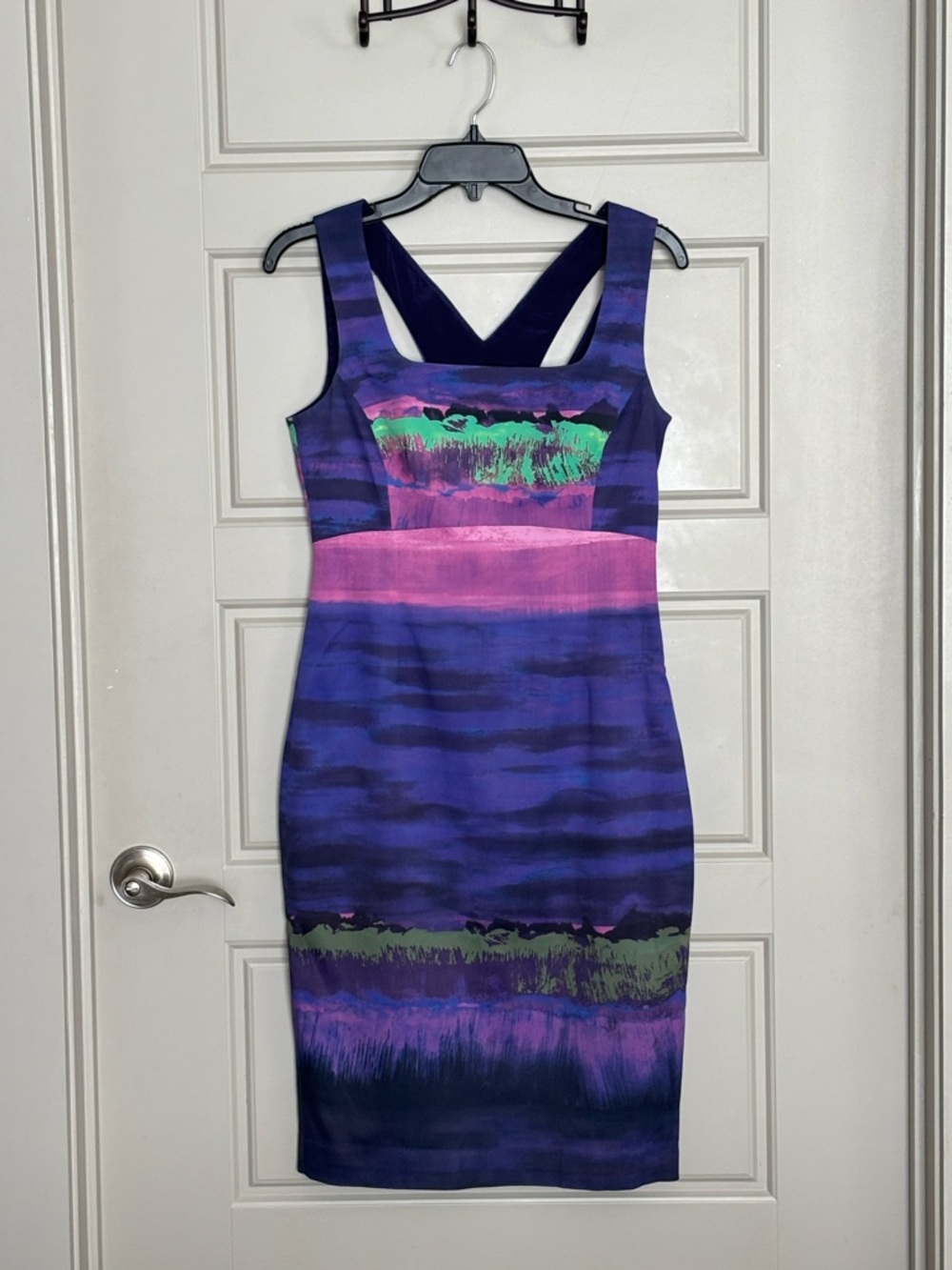 Karen Millen Purple Striped Midi Dress with Pink & Green Accents